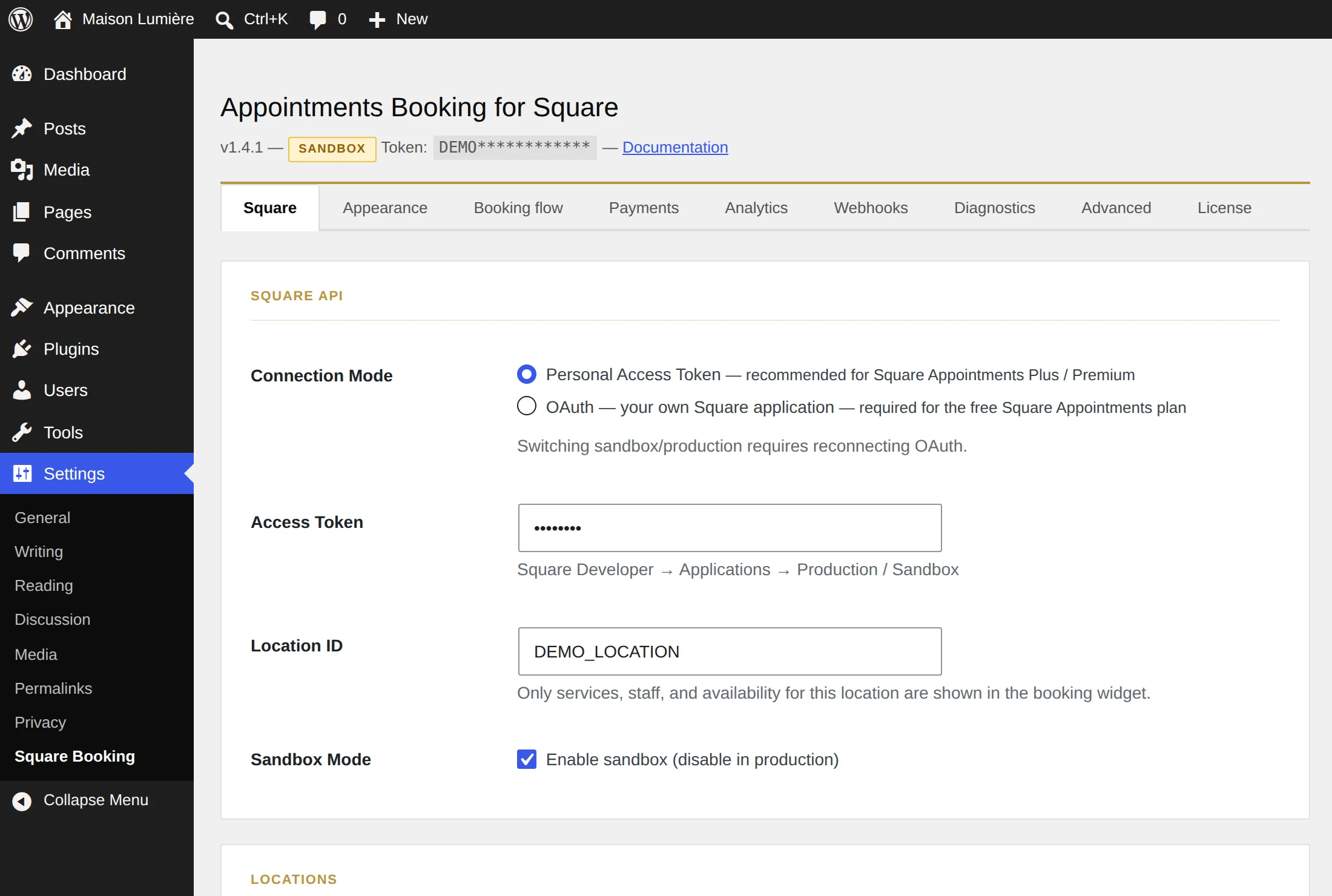 Réglages → Square Booking : un onglet par sujet.