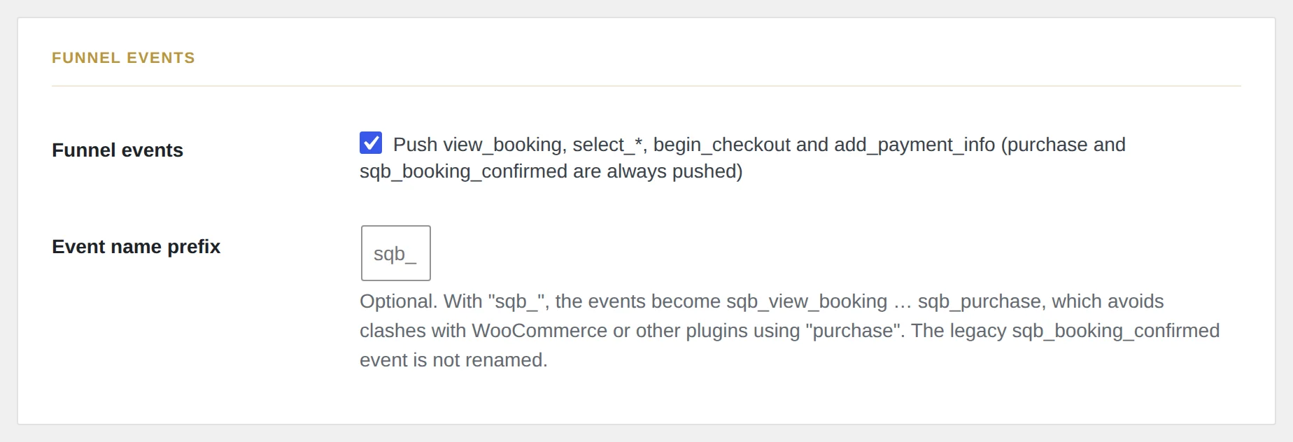 Tab Advanced: Funnel-Events und Event-Präfix.
