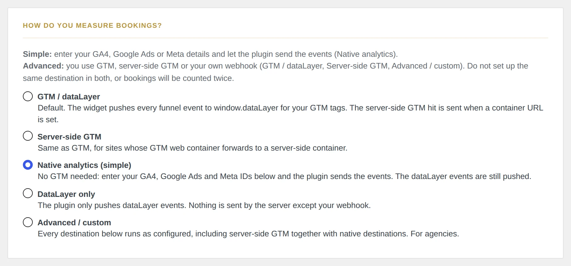 Tab Analytics: einfach (native Analytics) oder fortgeschritten (GTM, Server-Side GTM, individuell).