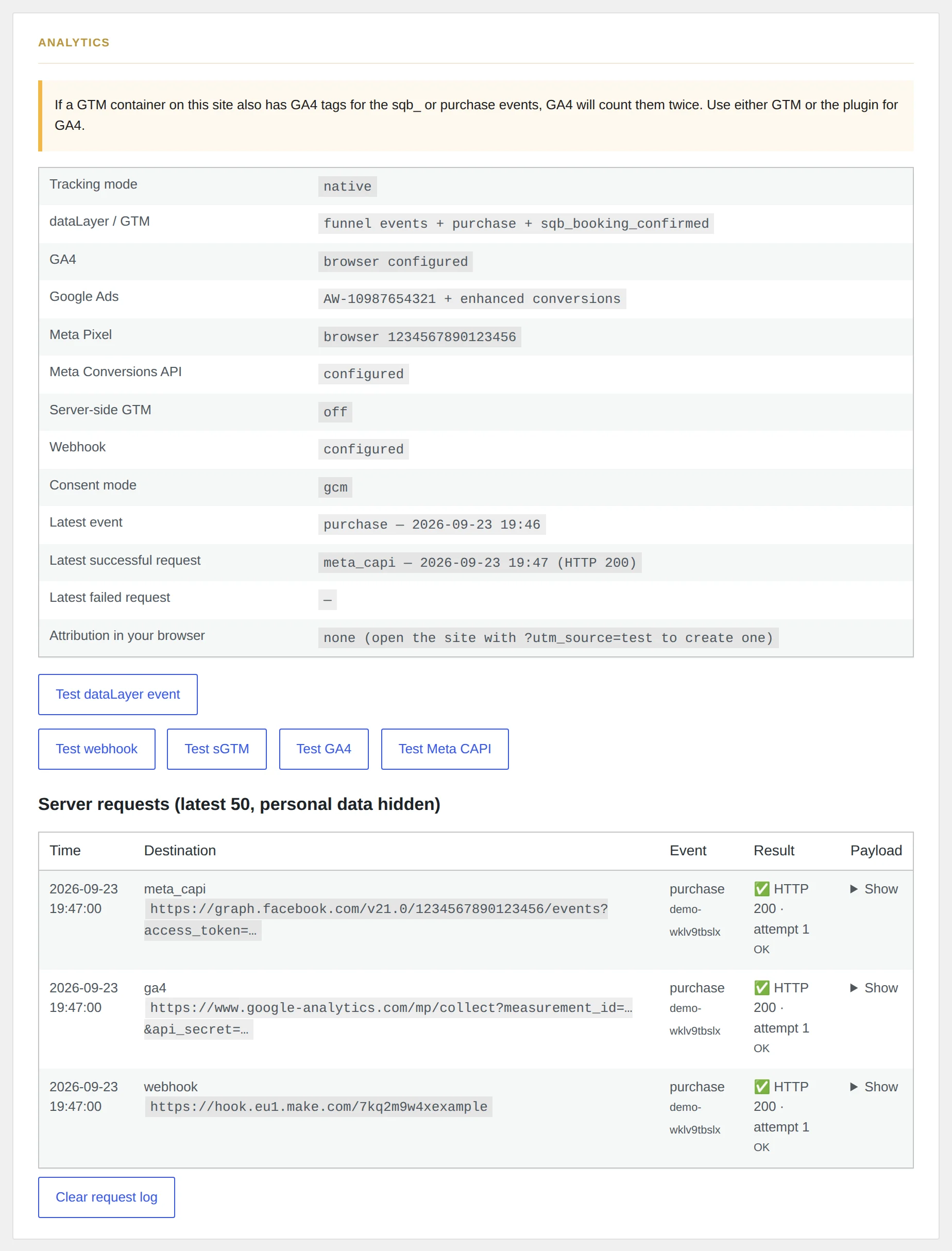 Diagnostics: Status jedes Ziels, Test-Buttons und die letzten Server-Anfragen.