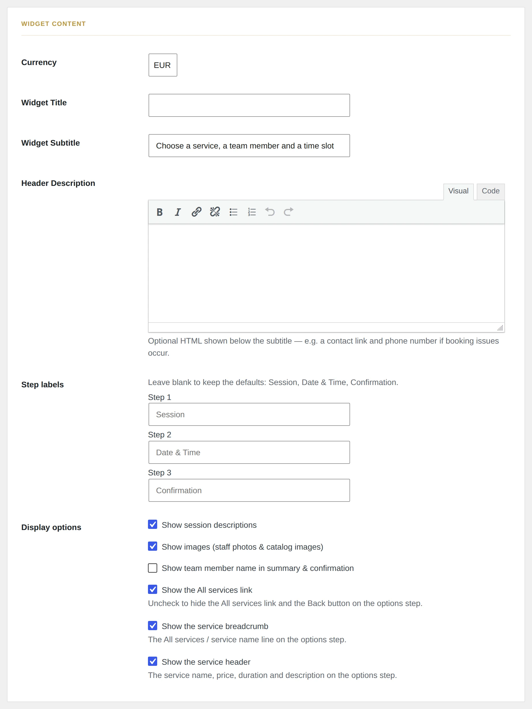 Onglet Booking flow : textes du widget, libellés des étapes et options d'affichage.