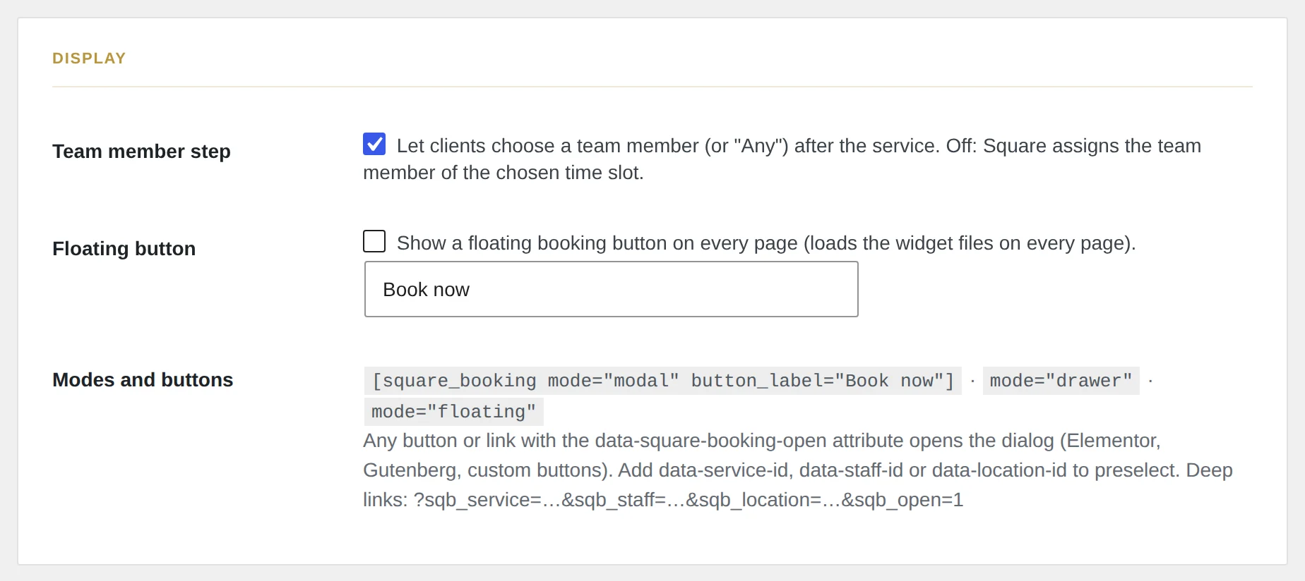 Booking flow → Display : étape membre de l'équipe, bouton flottant, modes.