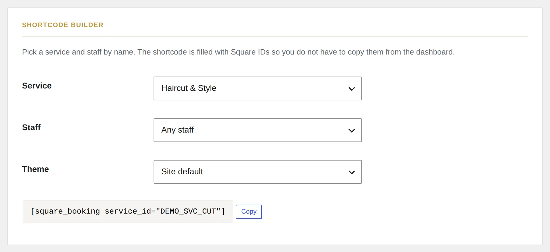 Constructeur de shortcode : choisissez un service par son nom, copiez le shortcode.
