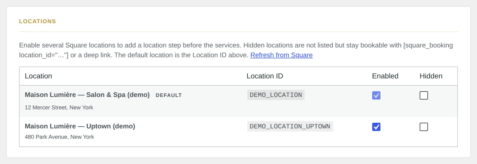 Locations : activez plusieurs emplacements Square, masquez-en certains de la liste.