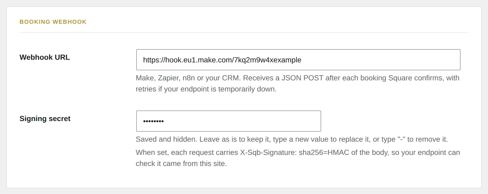Tab Webhooks: URL und Signatur-Secret.