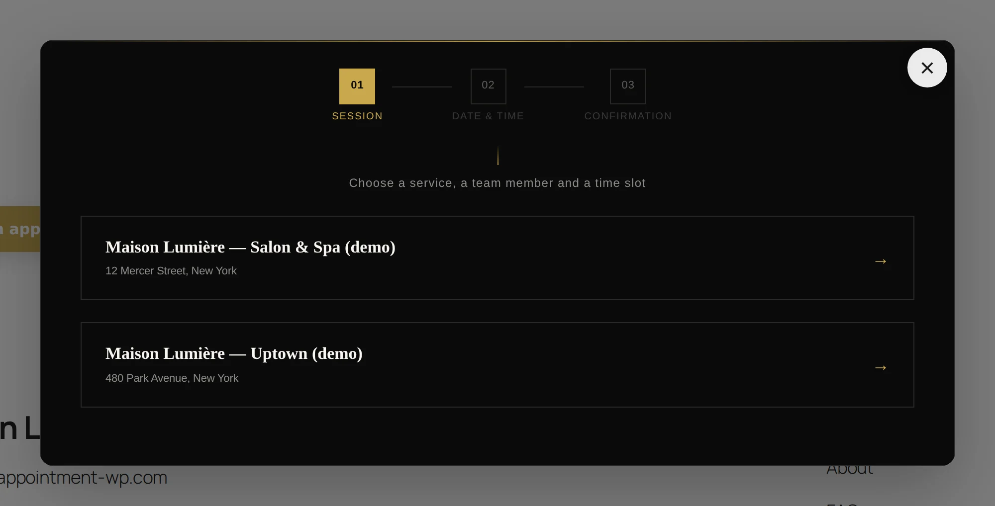 mode="modal" : le widget s'ouvre dans une fenêtre, ici sur l'étape du lieu.
